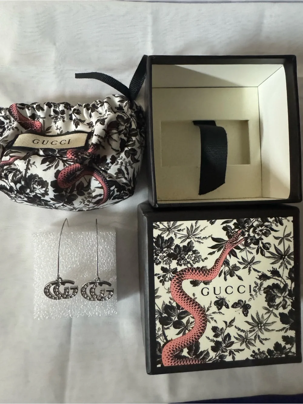 Gucci Silvery Crystal Double interlocking GG Hook Drop Earrings w/pouch and box - Picture 6 of 10